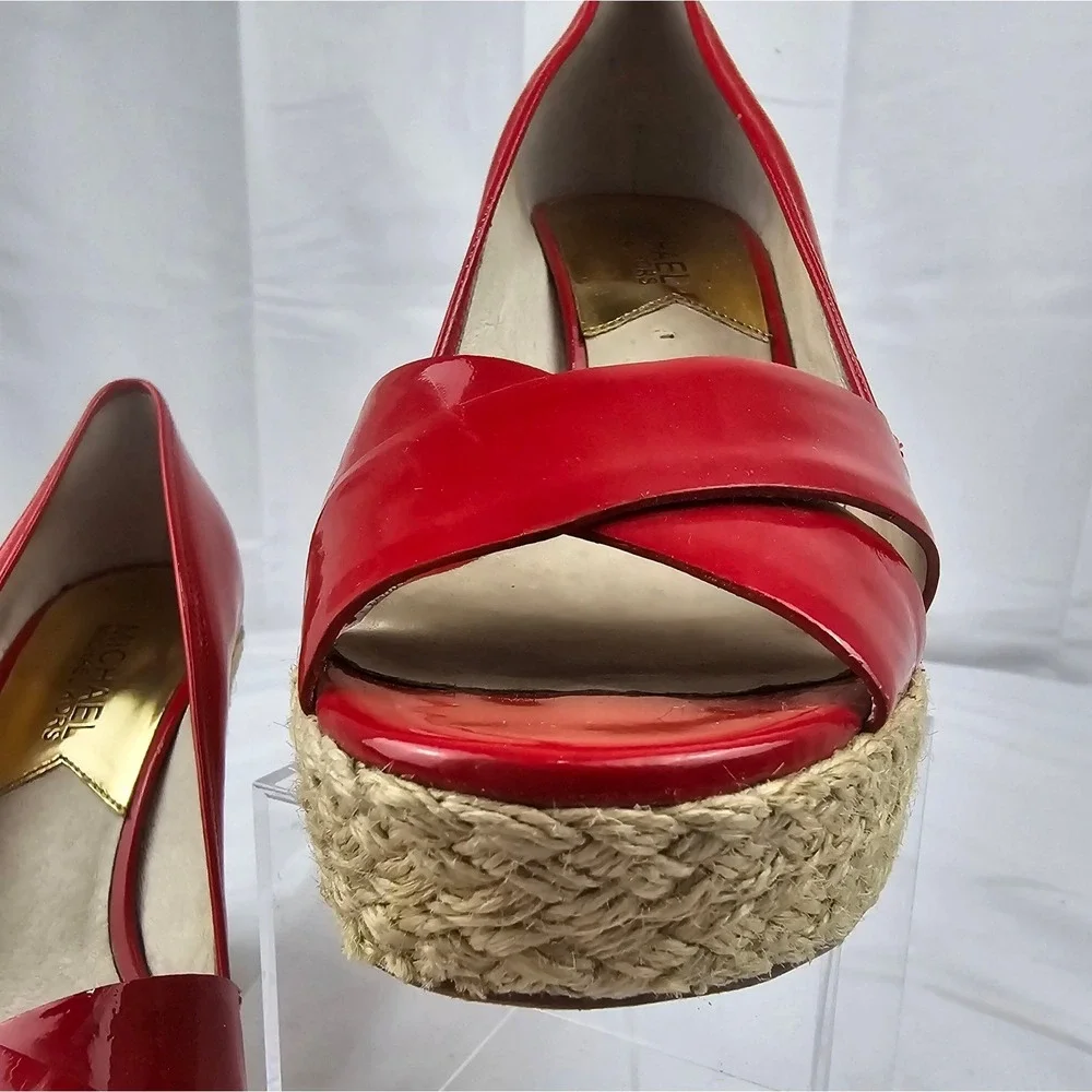 Michael Kors Red Patent Leather Espadrille Platform Wedge Heels Shoes Size 7.5